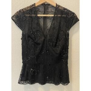 Tadashi Collection V Neck Sheer Beaded Black Mesh Top Evening Formal Size 6